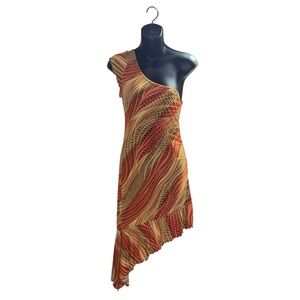 BEBE y2k Asymmetrical Hem One Shoulder Flowy Midi Dress